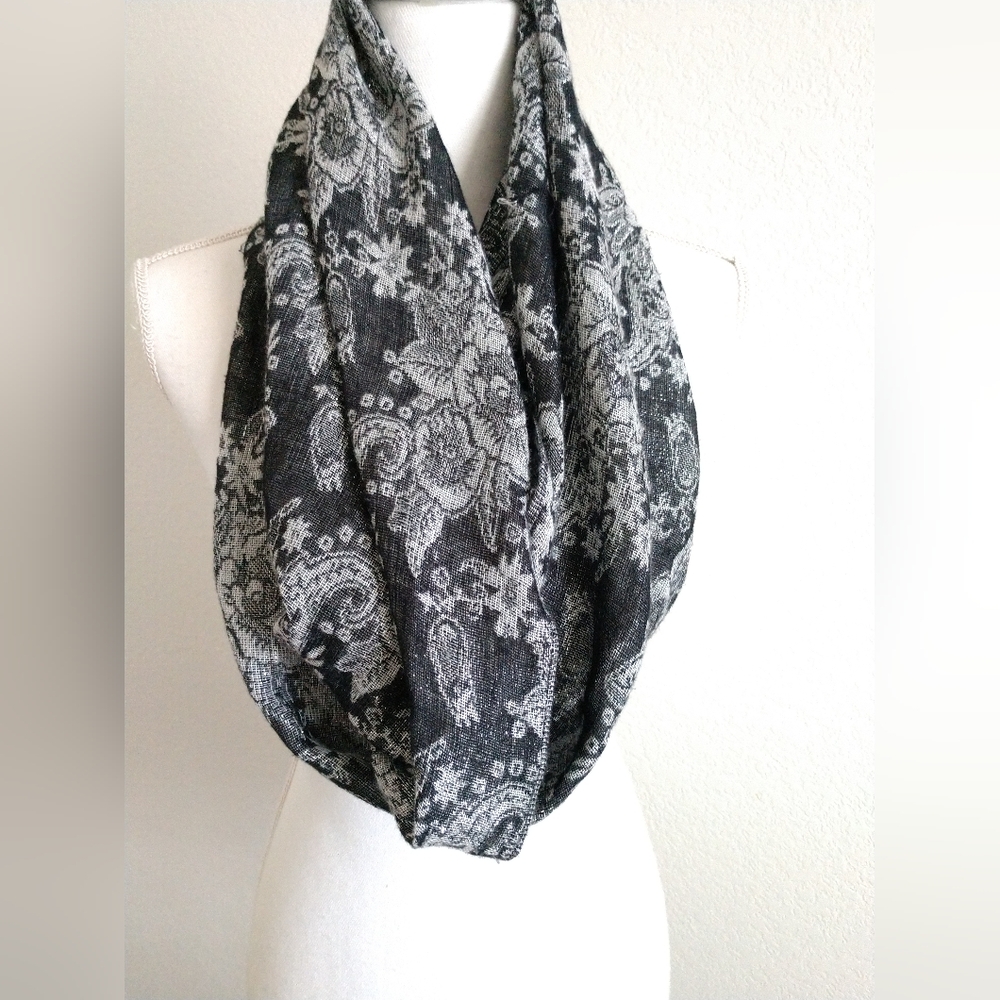 Fashion Floral Infinity Scarf Black Gray with Silver Metallic Sparkle by Berytos